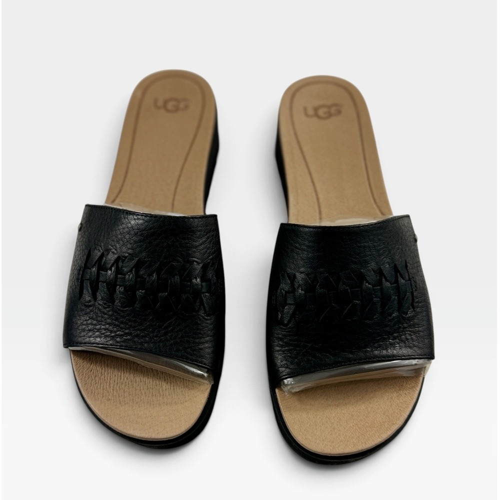 UGG Delaney Platform Slide Sandals Womens 10 Black Leather Woven 1016657 New